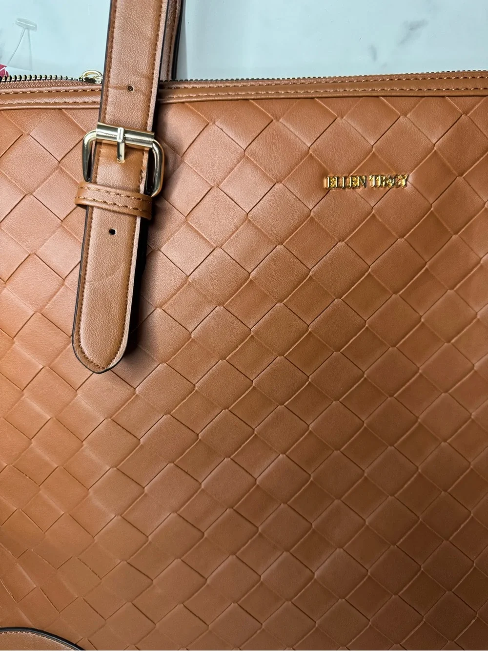 NWT Ellen Tracy Woven Laptop Tote Bag Brown Work Office